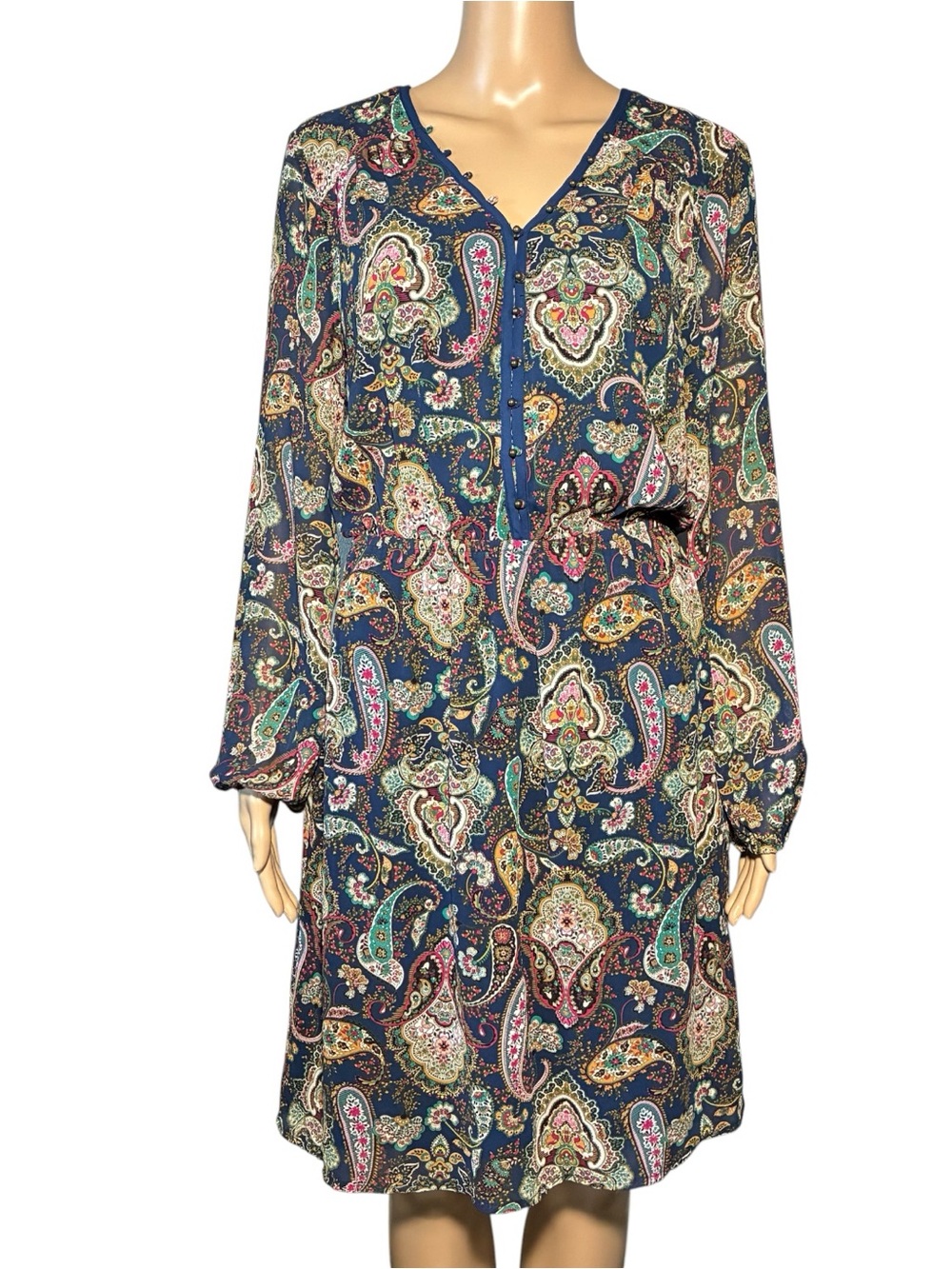 DR2 Women's Dress Size M Blue Paisley Chiffon Midi Long Sleeve Boho Polyester